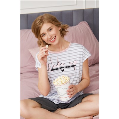 Комплект жен: фуфайка (футболка), шорты Mia Cara SS23WJ354 Sweety Wink темно-серый меланж/полоска